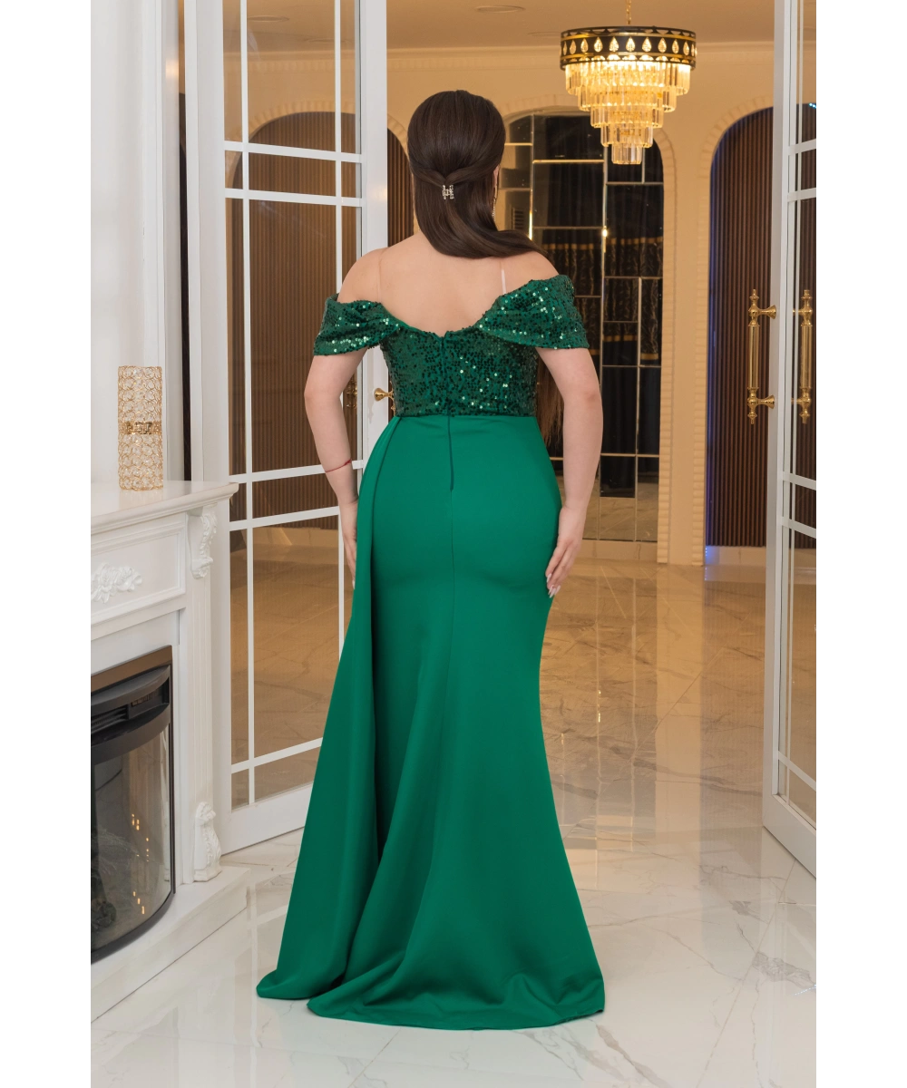 İthal Atlas Tül Payet Tasarım Straplez Dekolteli Yandan Pelerinli Uzun Elbise Abiye