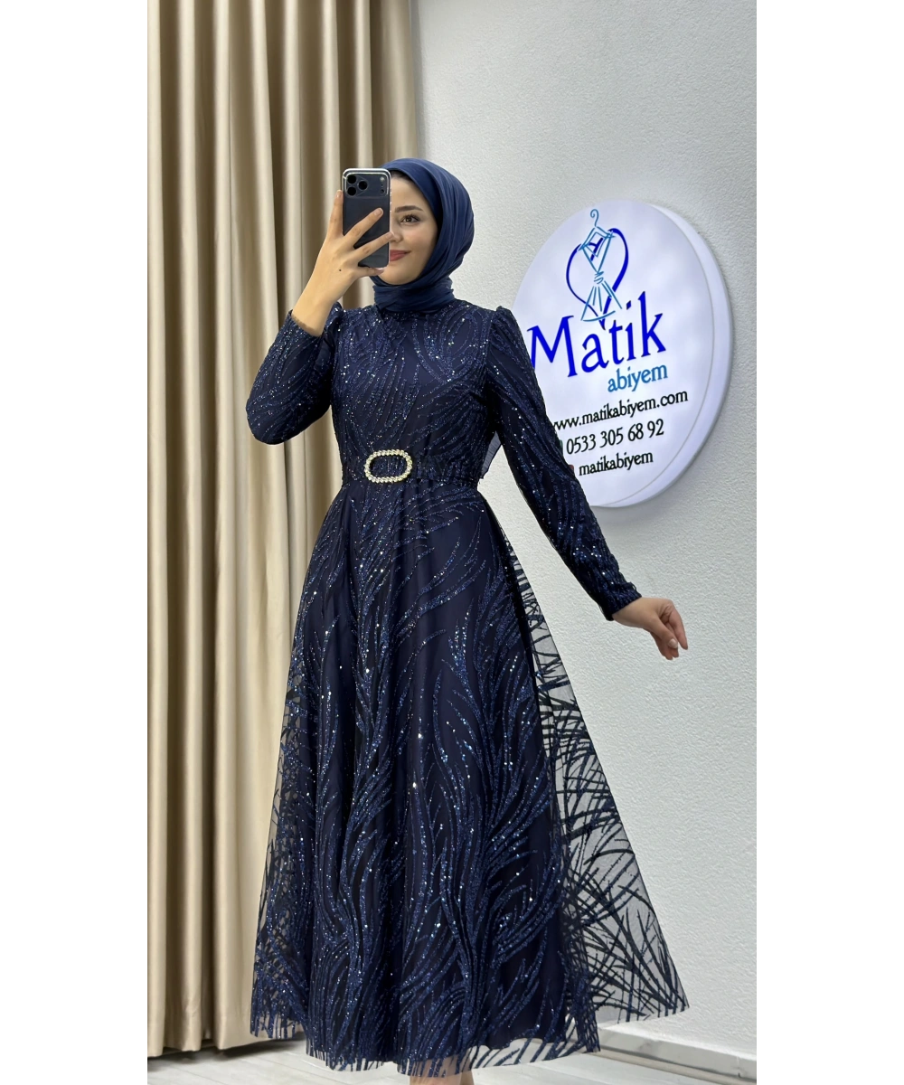 Kabartma Sim Desenli Midi Tesettür Abiye