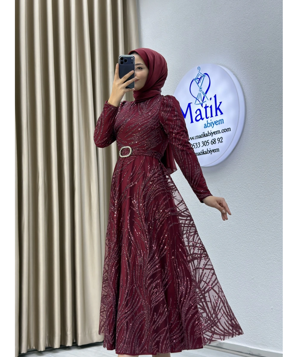Kabartma Sim Desenli Midi Tesettür Abiye