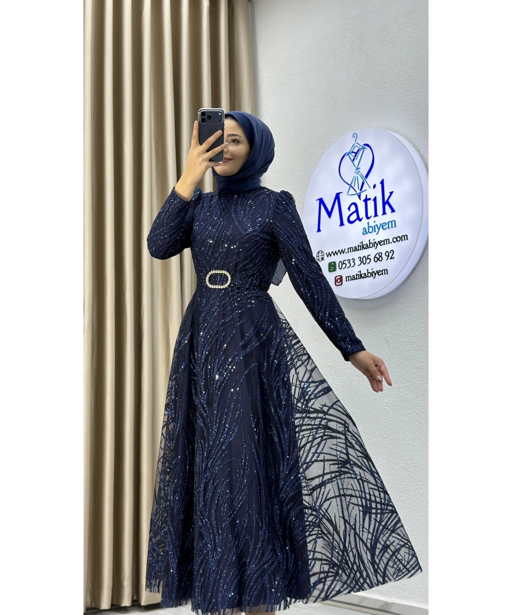 Kabartma Sim Desenli Midi Tesettür Abiye