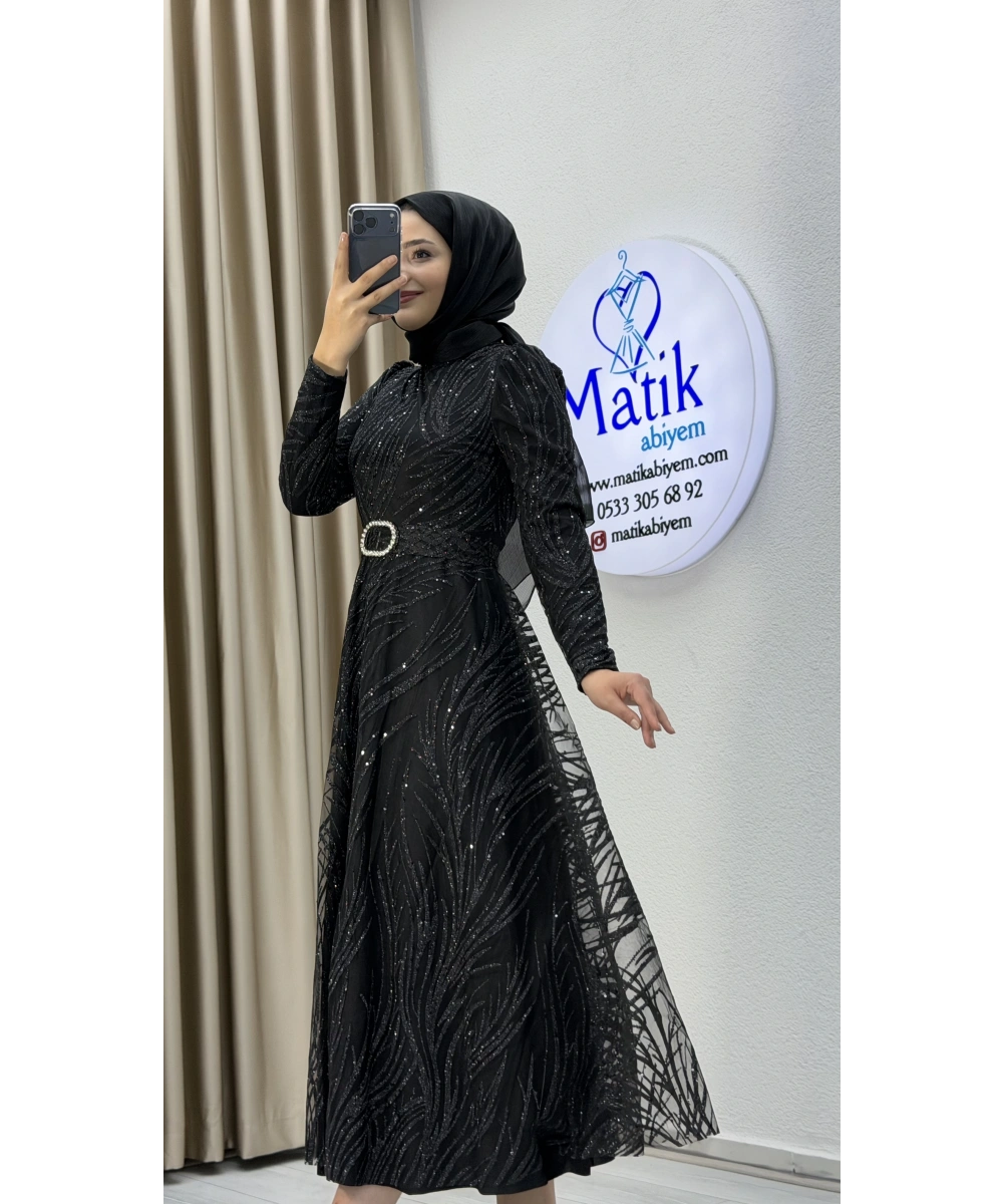 Kabartma Sim Desenli Midi Tesettür Abiye