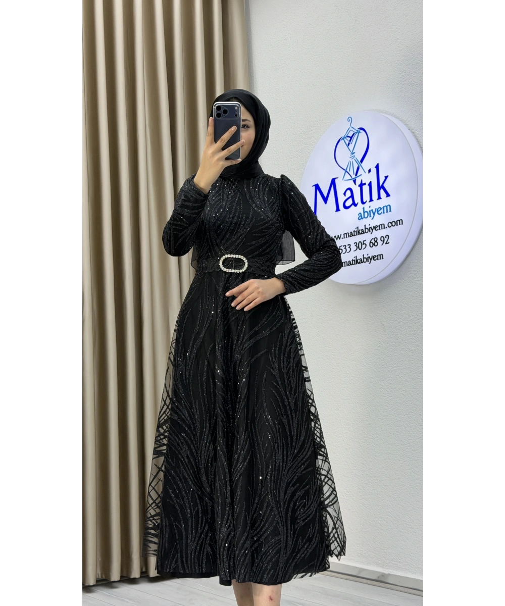 Kabartma Sim Desenli Midi Tesettür Abiye