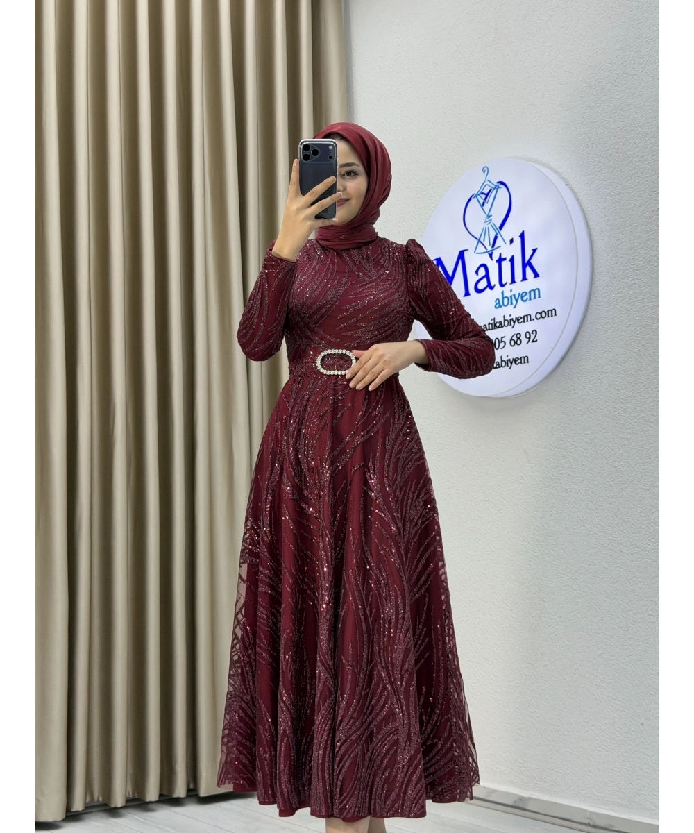 Kabartma Sim Desenli Midi Tesettür Abiye