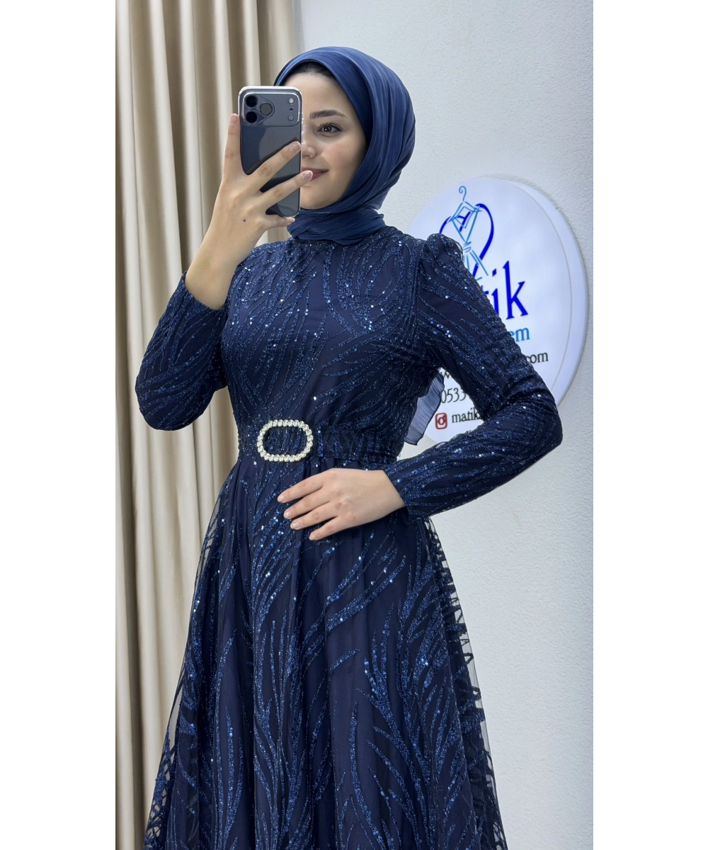 Kabartma Sim Desenli Midi Tesettür Abiye