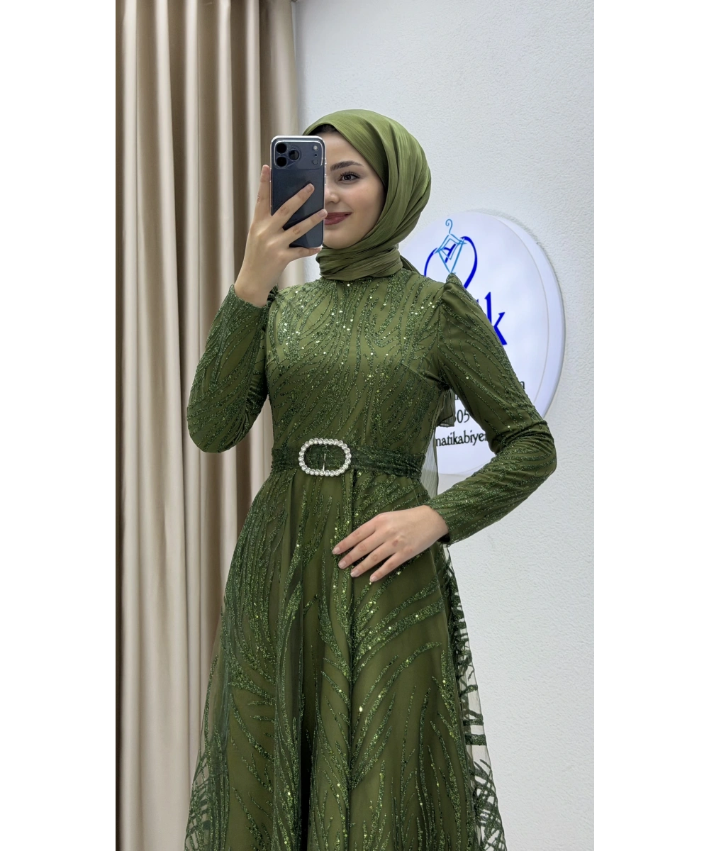 Kabartma Sim Desenli Midi Tesettür Abiye