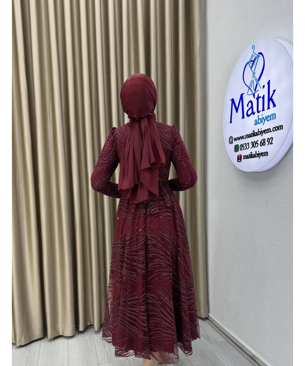 Kabartma Sim Desenli Midi Tesettür Abiye