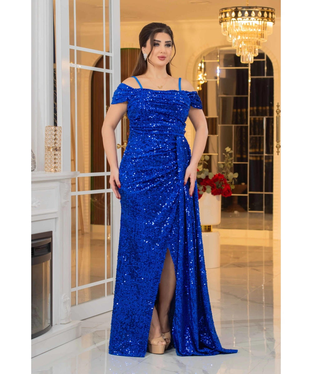 Kadife Payet Tasarım Straplez Dekolteli Yırtmaçlı Pelerinli Elbise Abiye