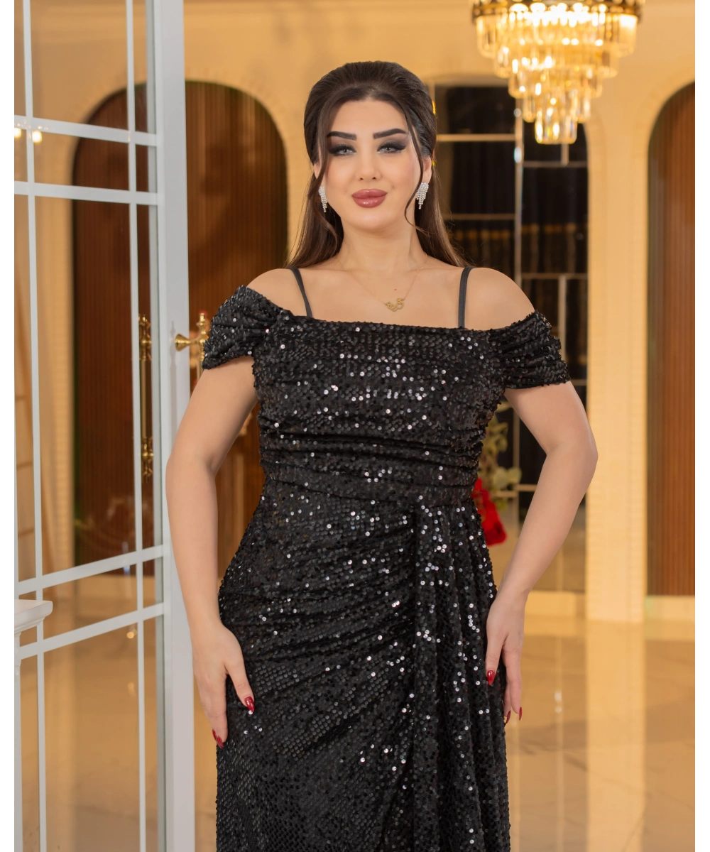 Kadife Payet Tasarım Straplez Dekolteli Yırtmaçlı Pelerinli Elbise Abiye