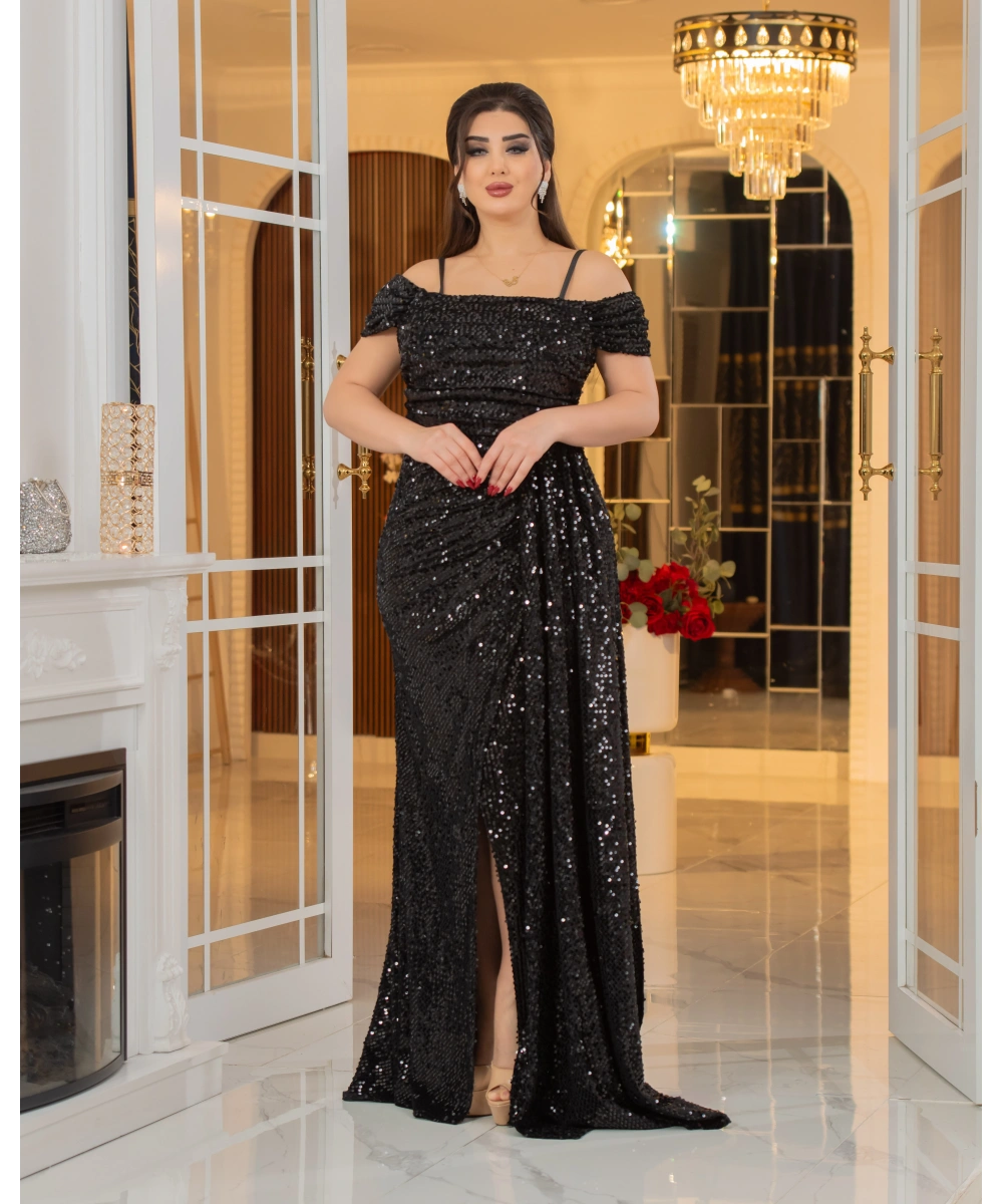 Kadife Payet Tasarım Straplez Dekolteli Yırtmaçlı Pelerinli Elbise Abiye