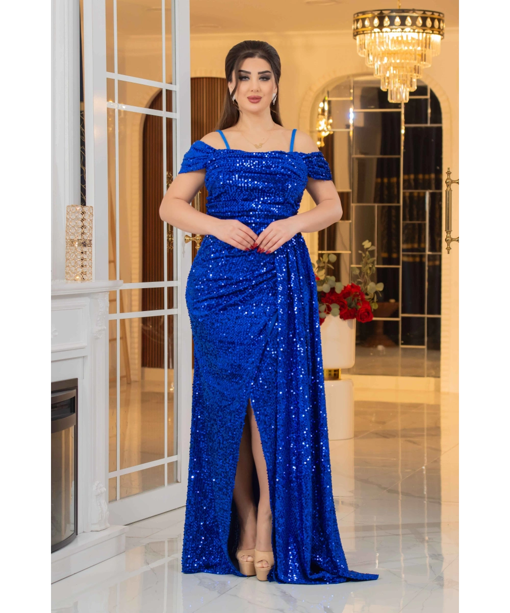 Kadife Payet Tasarım Straplez Dekolteli Yırtmaçlı Pelerinli Elbise Abiye