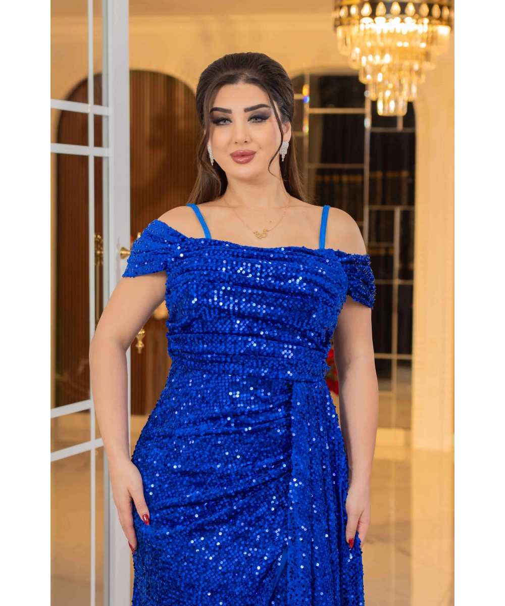 Kadife Payet Tasarım Straplez Dekolteli Yırtmaçlı Pelerinli Elbise Abiye