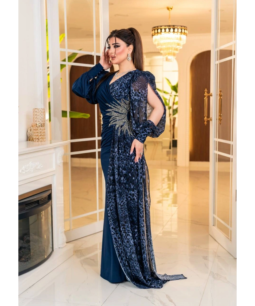 Kristal Buzi Leopar Dijital Şifon Baskılı Taş Aksesuarlı Uzun Elbise Abiye