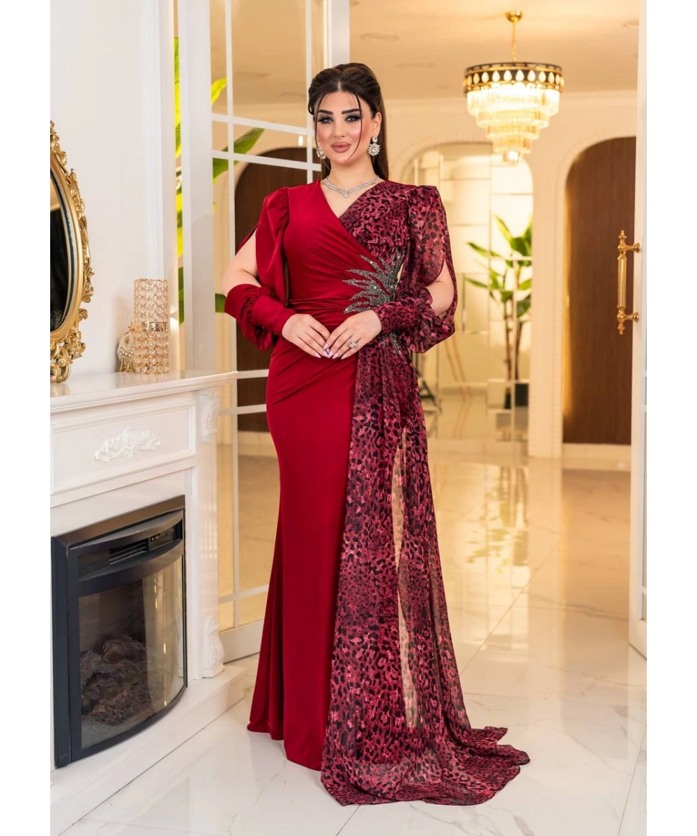 Kristal Buzi Leopar Dijital Şifon Baskılı Taş Aksesuarlı Uzun Elbise Abiye