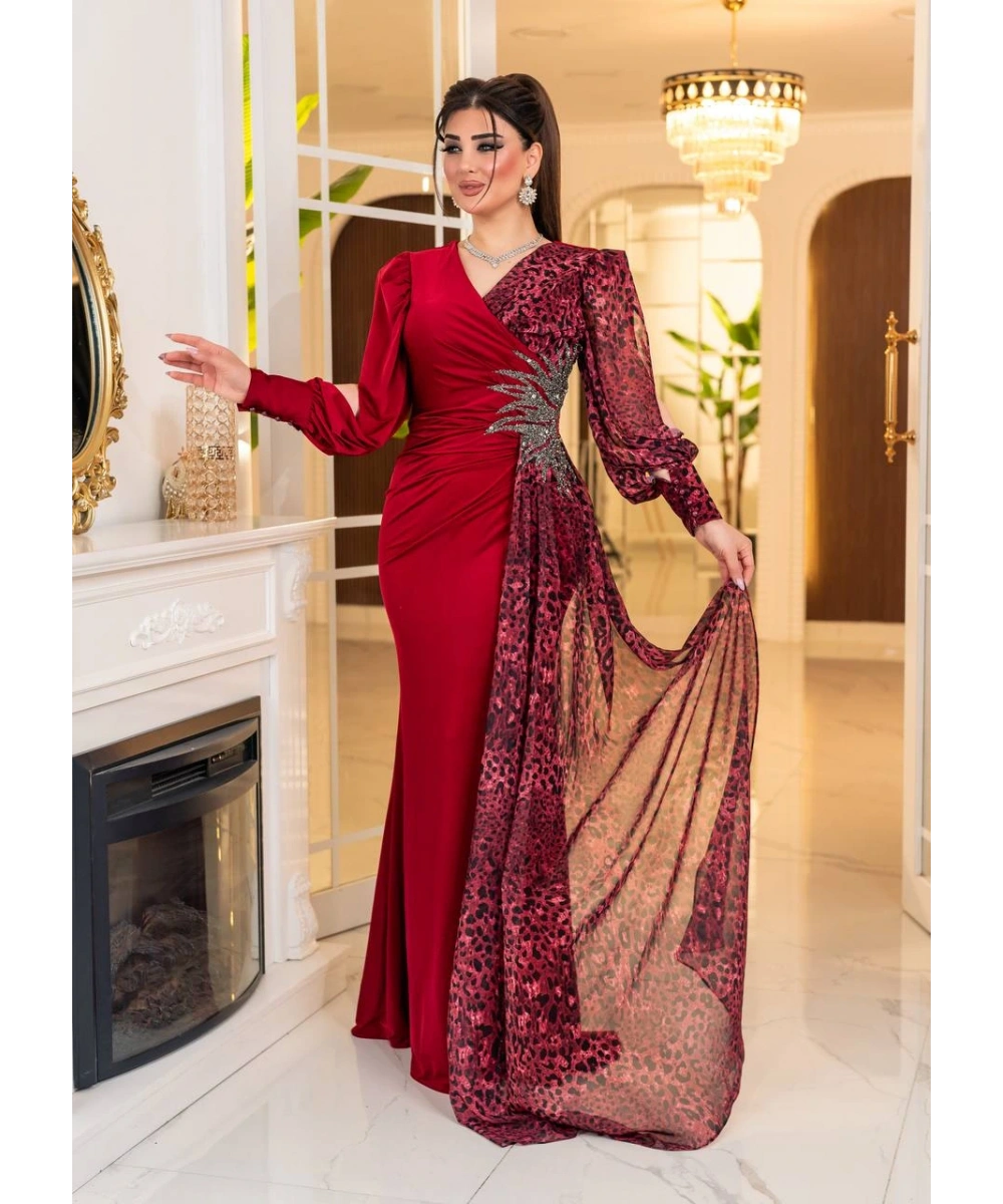 Kristal Buzi Leopar Dijital Şifon Baskılı Taş Aksesuarlı Uzun Elbise Abiye