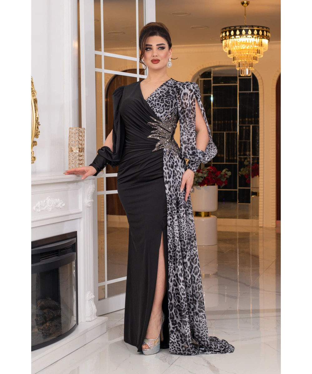Kristal Buzi Leopar Dijital Şifon Baskılı Taş Aksesuarlı Uzun Elbise Abiye