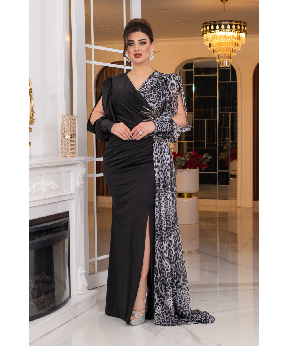 Kristal Buzi Leopar Dijital Şifon Baskılı Taş Aksesuarlı Uzun Elbise Abiye