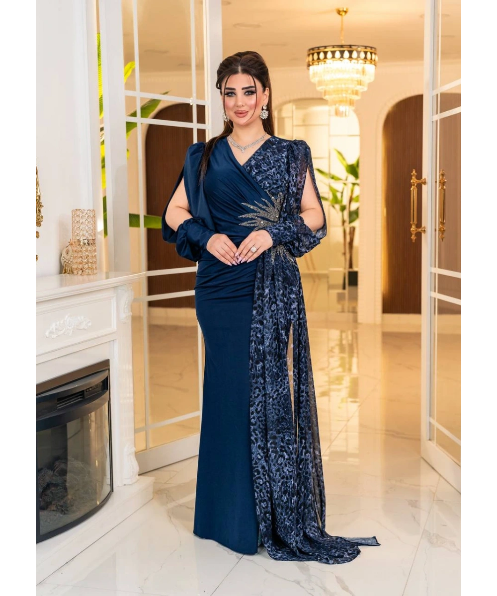 Kristal Buzi Leopar Dijital Şifon Baskılı Taş Aksesuarlı Uzun Elbise Abiye