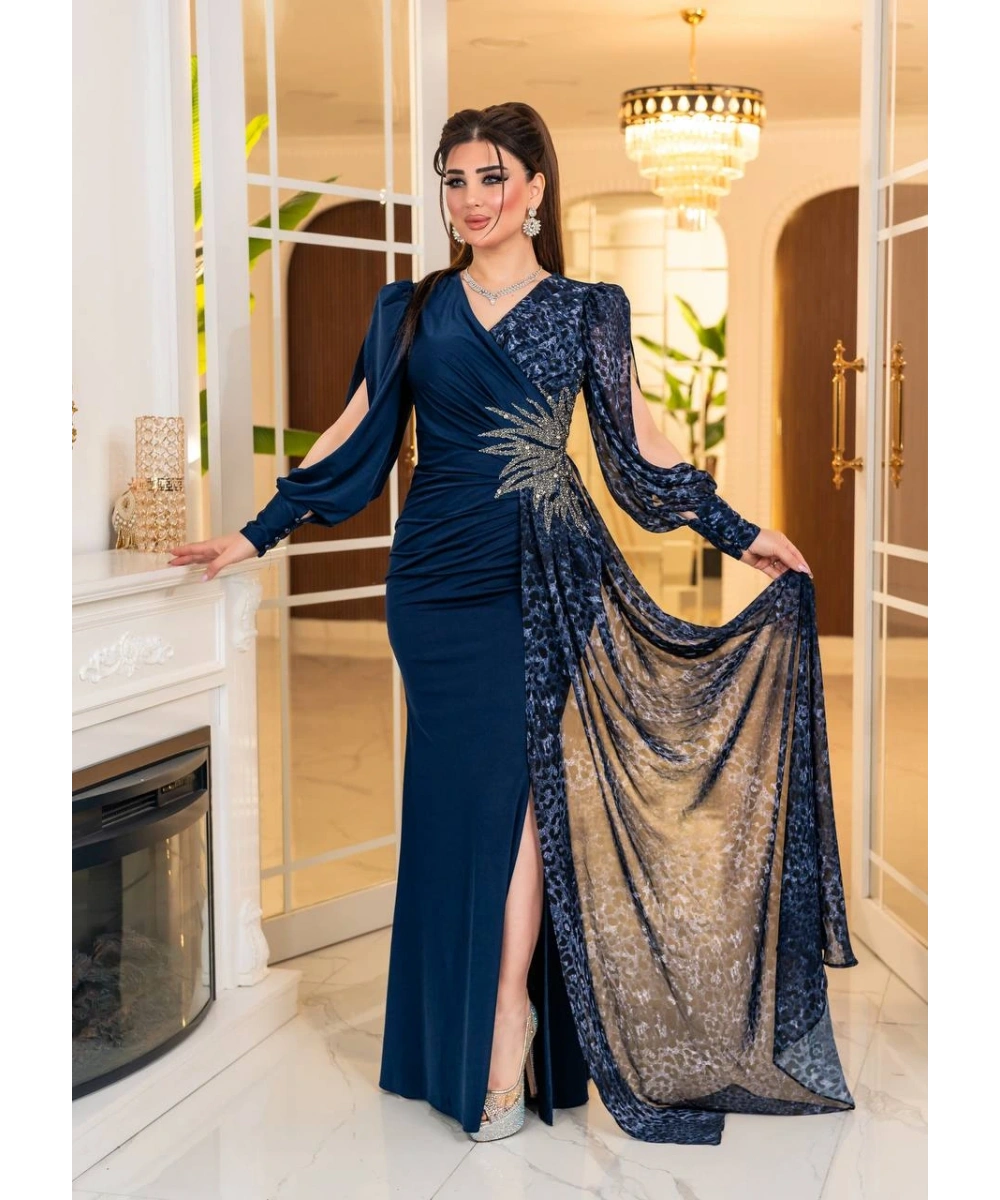 Kristal Buzi Leopar Dijital Şifon Baskılı Taş Aksesuarlı Uzun Elbise Abiye