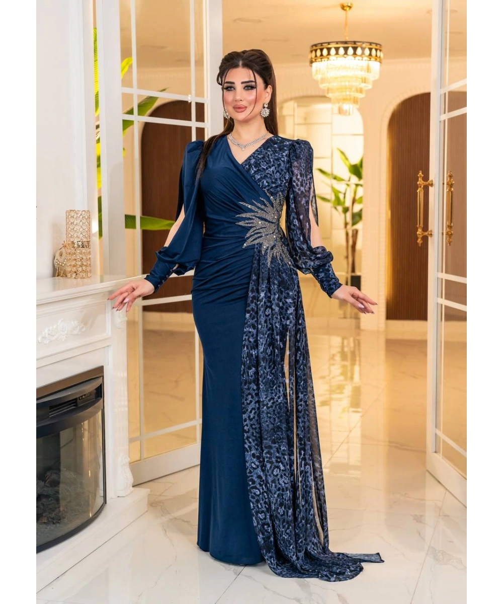 Kristal Buzi Leopar Dijital Şifon Baskılı Taş Aksesuarlı Uzun Elbise Abiye