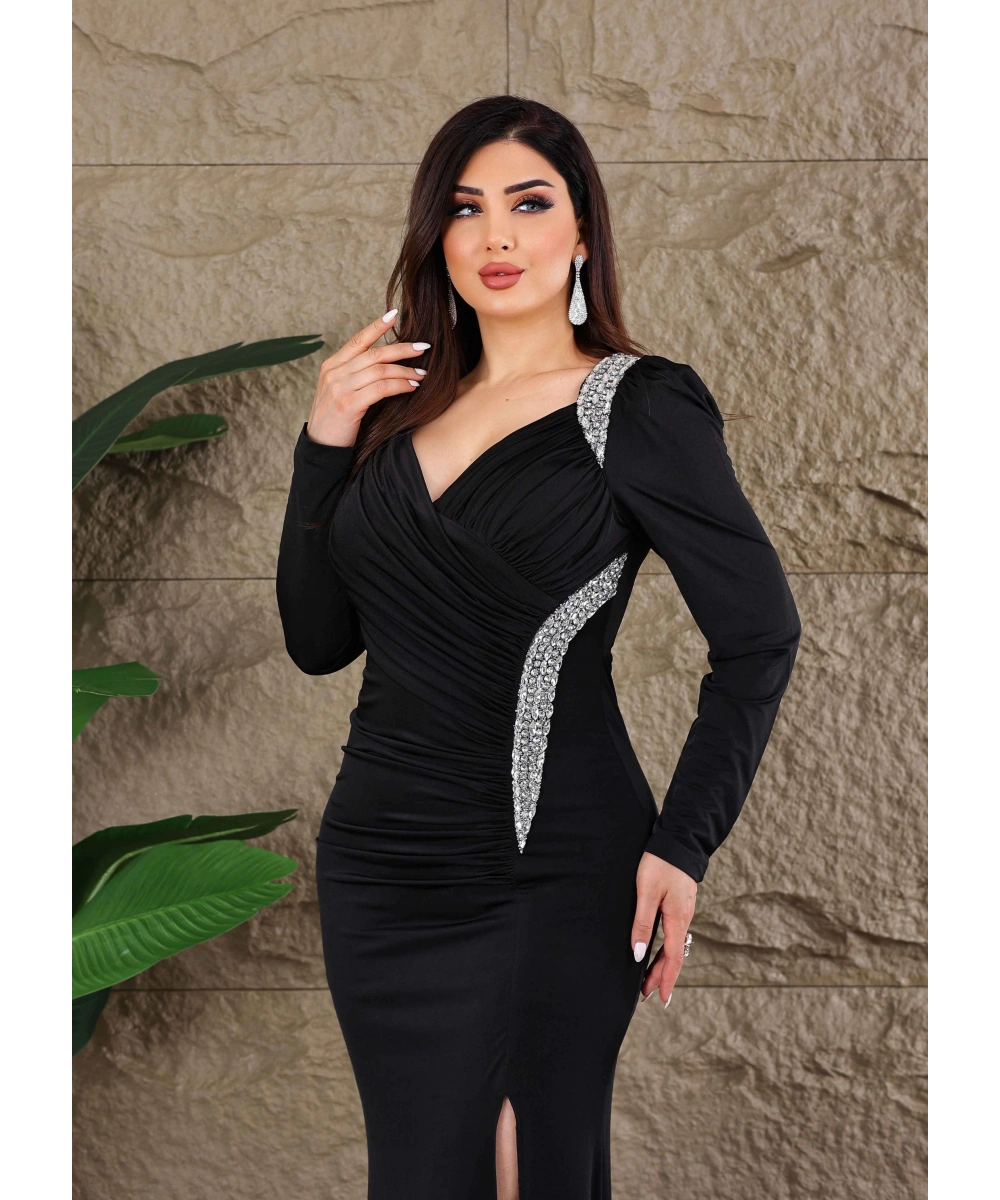 Kristal Buzi Tasarım Taş Aksesuarlı Yırtmaçlı Uzun Elbise Abiye