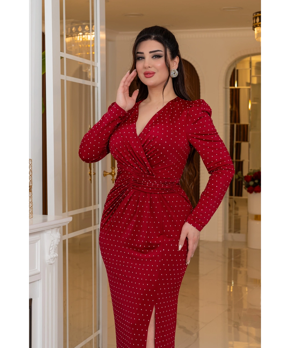 Kristal Buzi Tasarım Yapışma Taş Aksesuarlı Yırtmaçlı Elbise Abiye