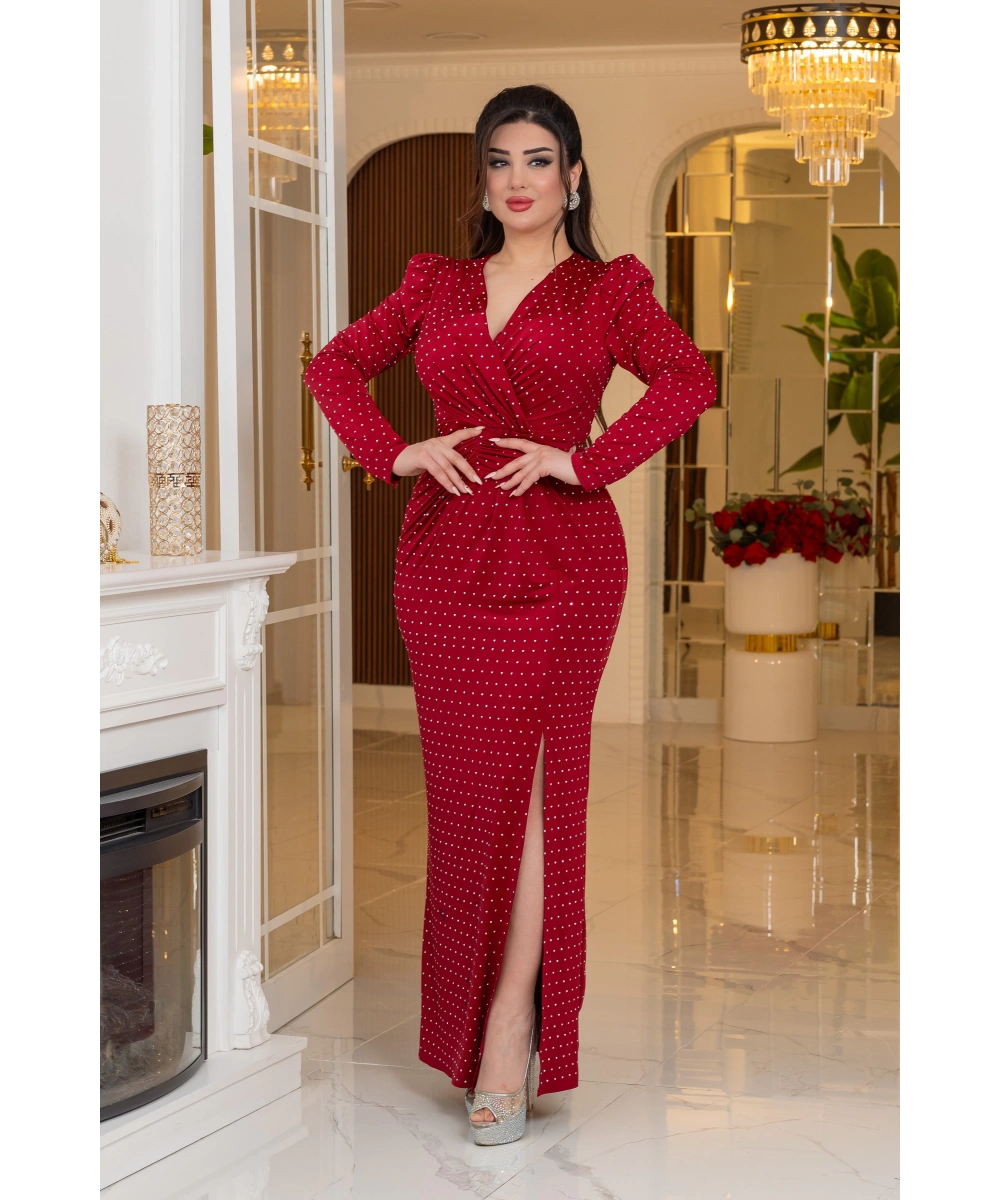 Kristal Buzi Tasarım Yapışma Taş Aksesuarlı Yırtmaçlı Elbise Abiye