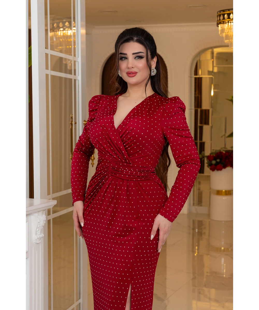 Kristal Buzi Tasarım Yapışma Taş Aksesuarlı Yırtmaçlı Elbise Abiye