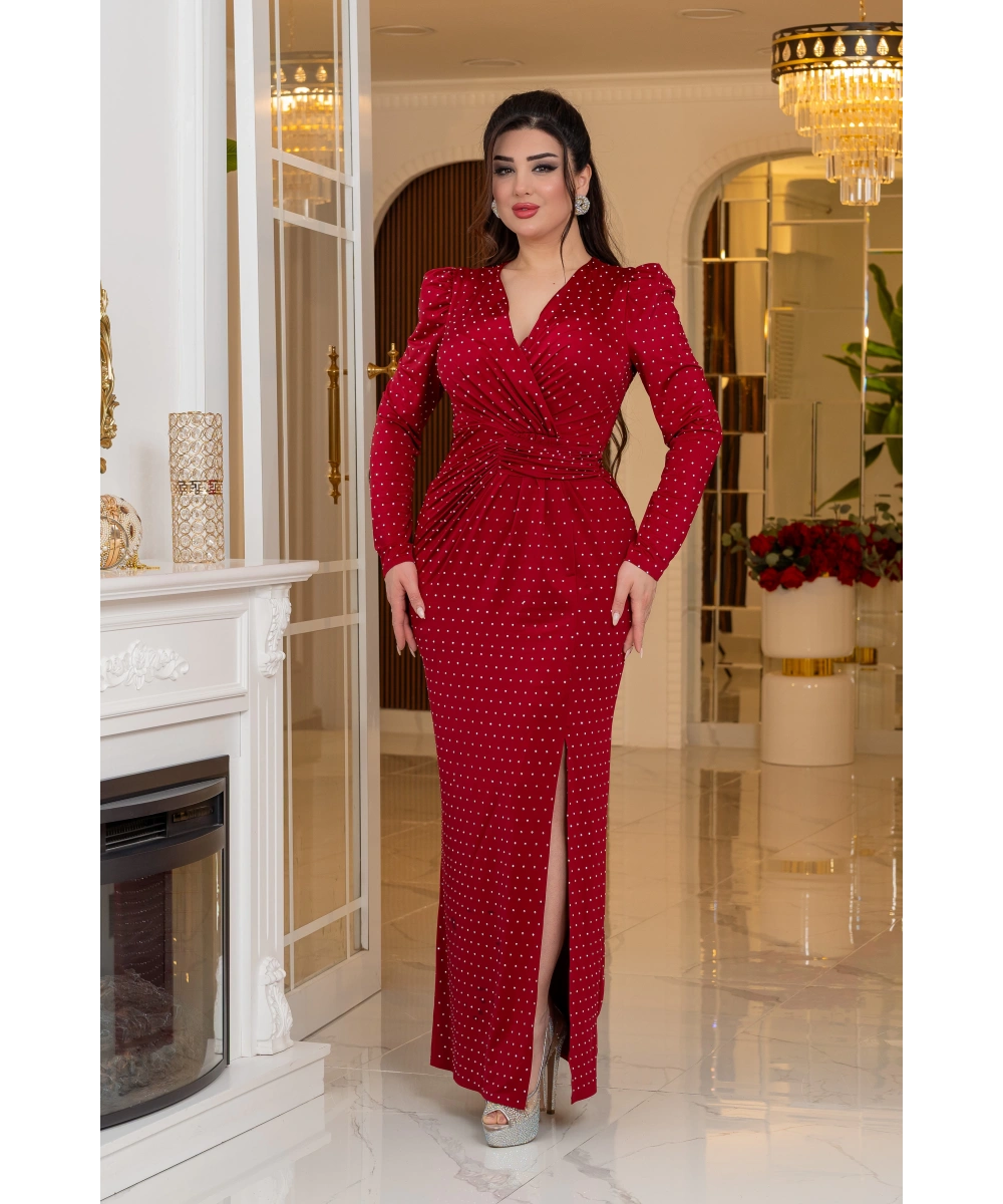 Kristal Buzi Tasarım Yapışma Taş Aksesuarlı Yırtmaçlı Elbise Abiye