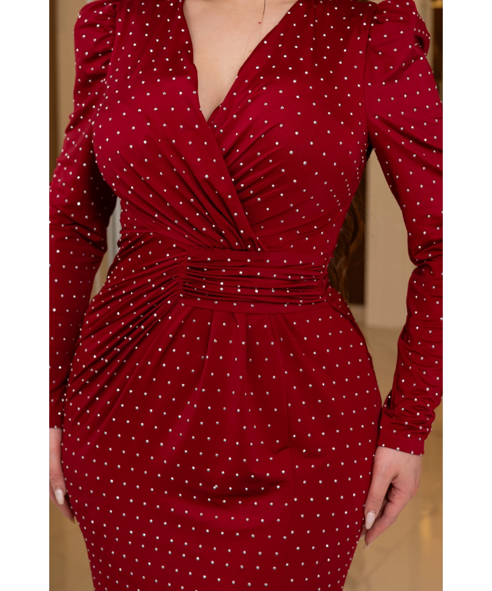 Kristal Buzi Tasarım Yapışma Taş Aksesuarlı Yırtmaçlı Elbise Abiye