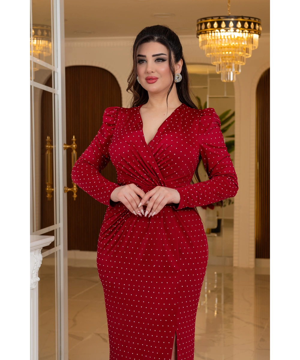 Kristal Buzi Tasarım Yapışma Taş Aksesuarlı Yırtmaçlı Elbise Abiye