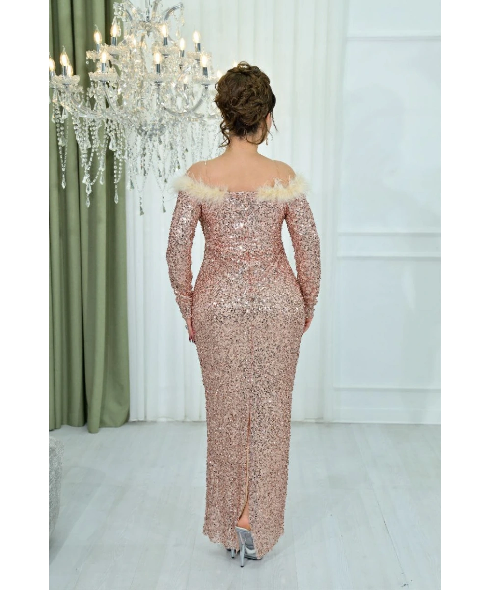 Kuş Tüyü Omuz Detaylı Payet Abiye