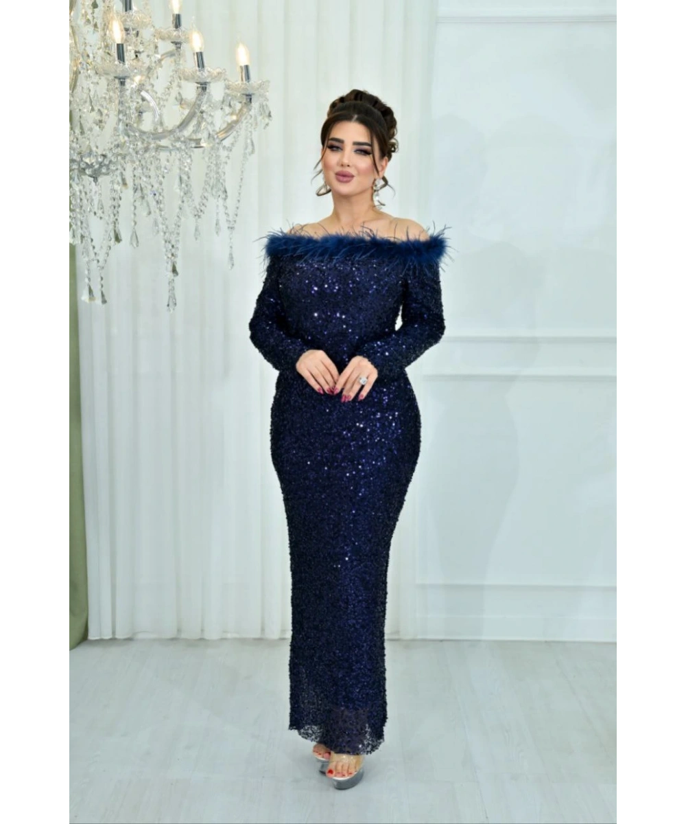 Kuş Tüyü Omuz Detaylı Payet Abiye