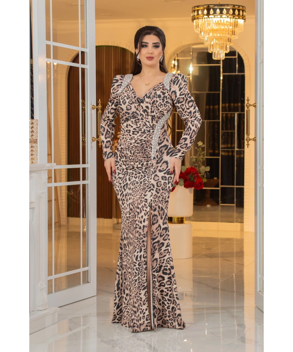Leopar Desen Baskılı Kristal Buzi Taş Aksesuarlı Yırtmaçlı Elbise Abiye