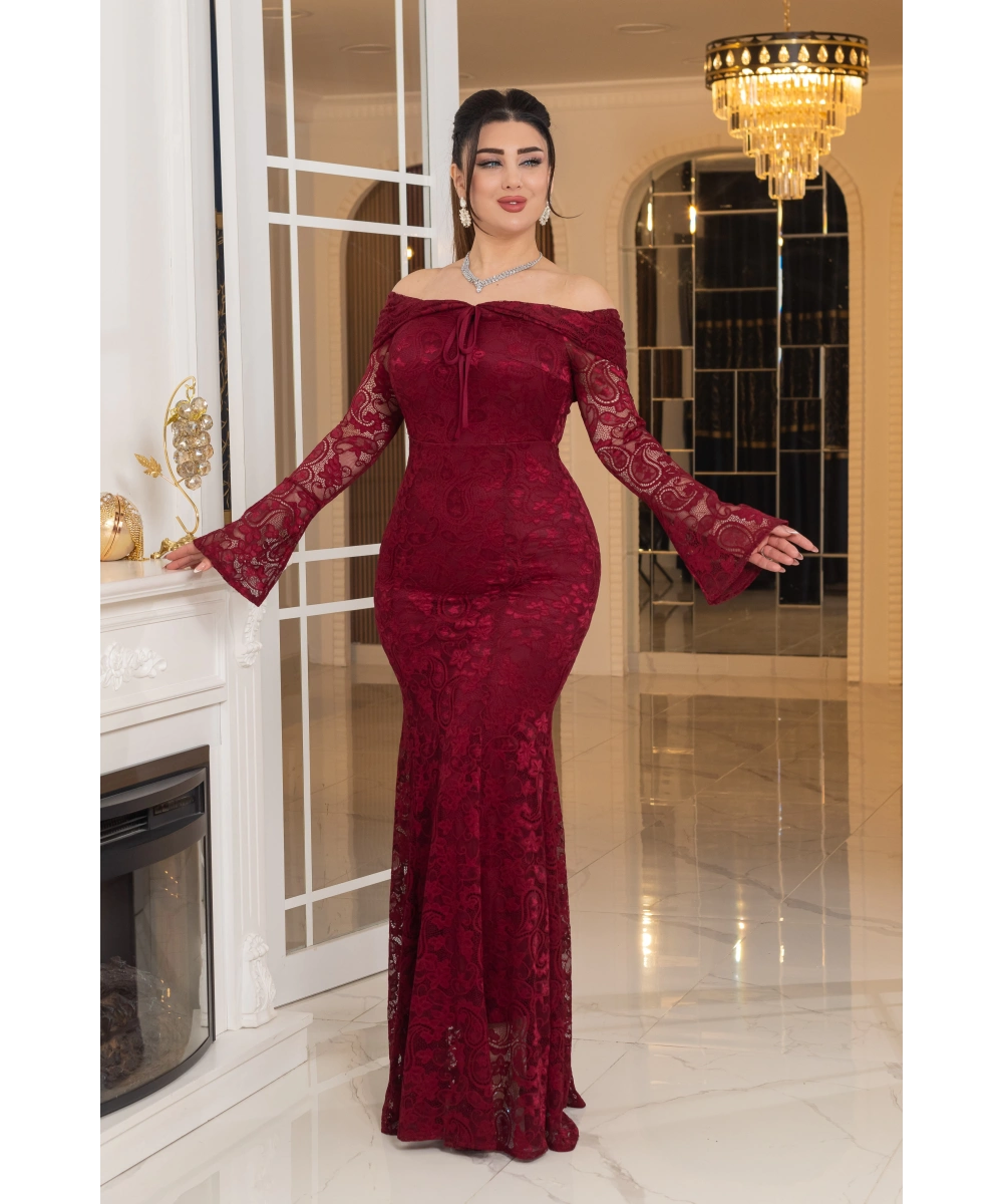 Likralı Güpür Dantel Tasarım Straplez Balık Elbise Abiye