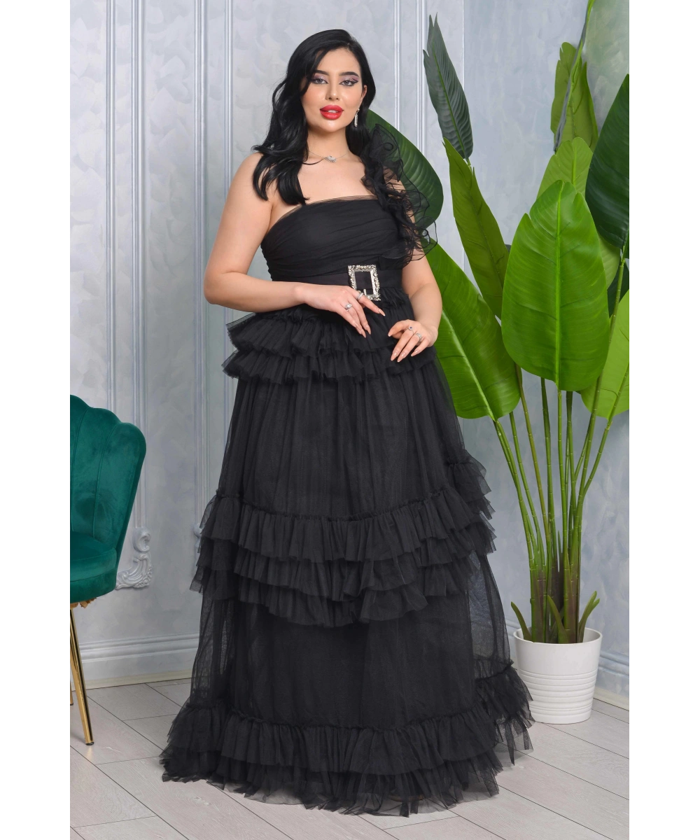 Missine Büzgülü Dekolteli Yırtmaçlı Kemerli Tül Uzun Elbise Abiye