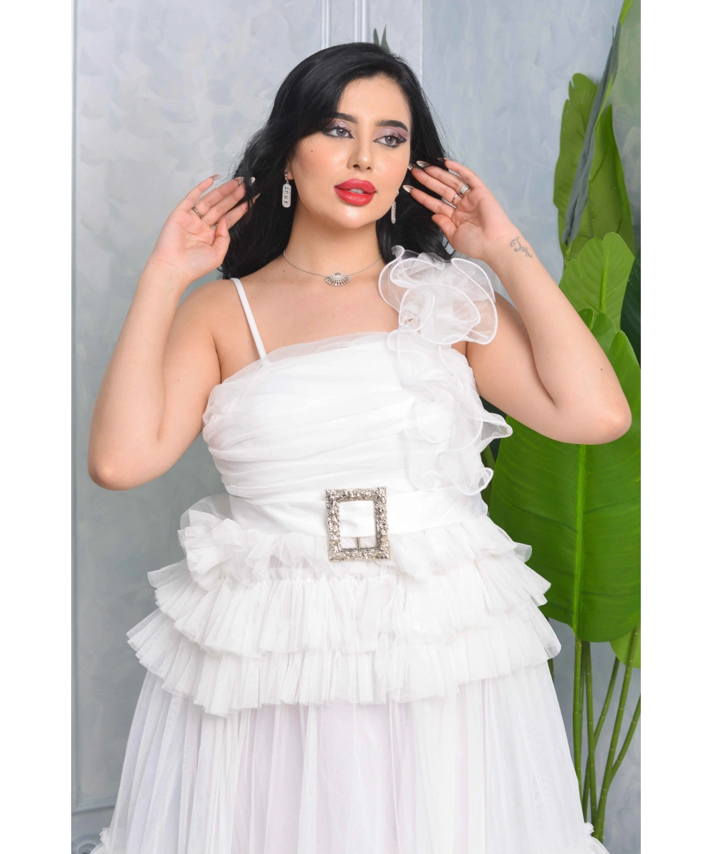 Missine Büzgülü Dekolteli Yırtmaçlı Kemerli Tül Uzun Elbise Abiye