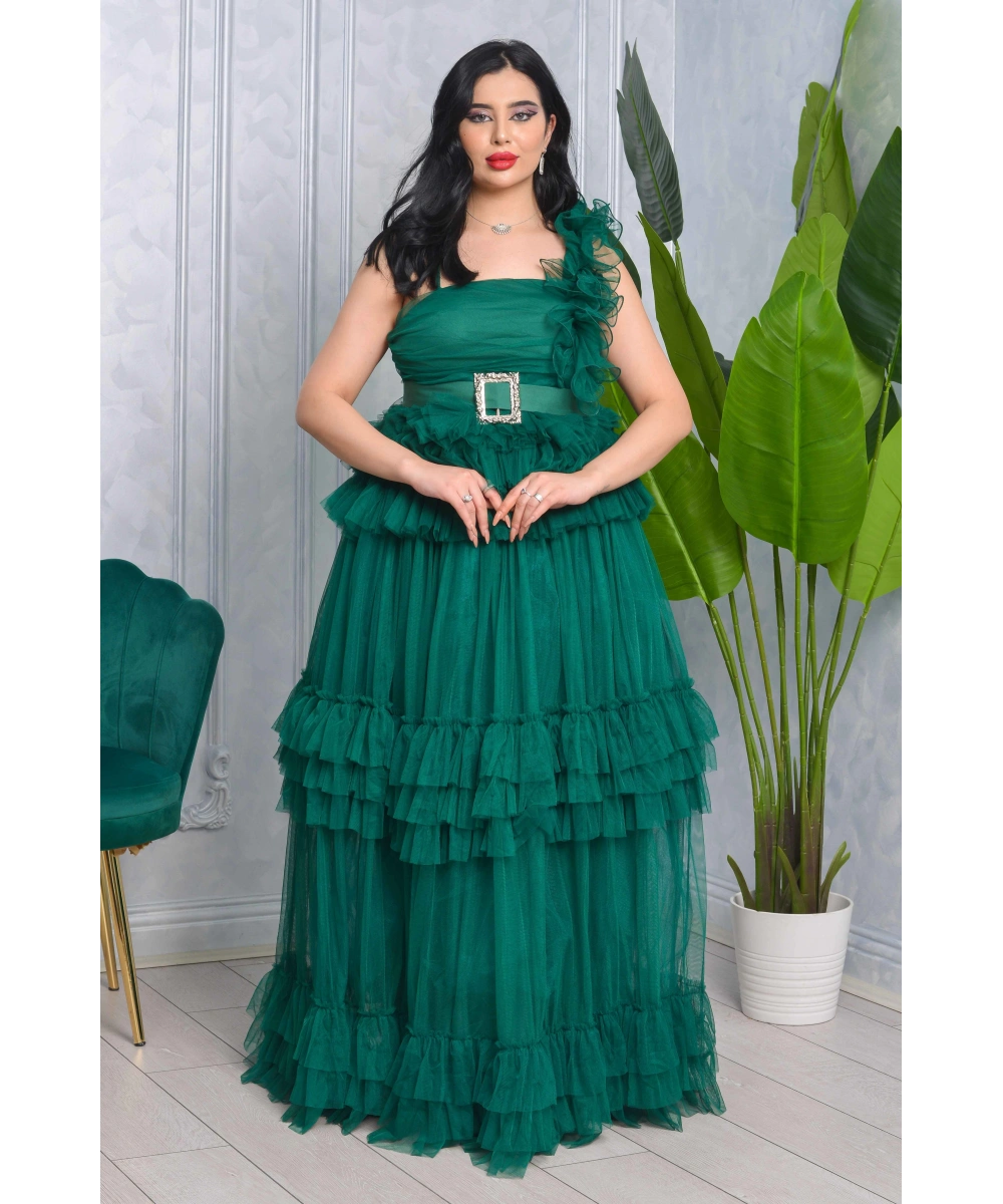 Missine Büzgülü Dekolteli Yırtmaçlı Kemerli Tül Uzun Elbise Abiye