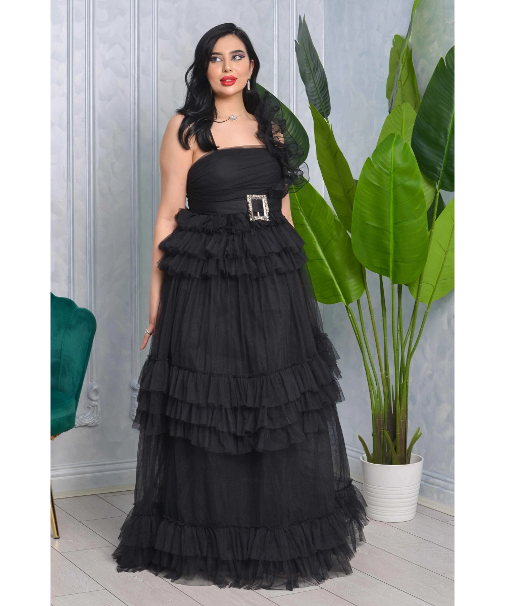 Missine Büzgülü Dekolteli Yırtmaçlı Kemerli Tül Uzun Elbise Abiye