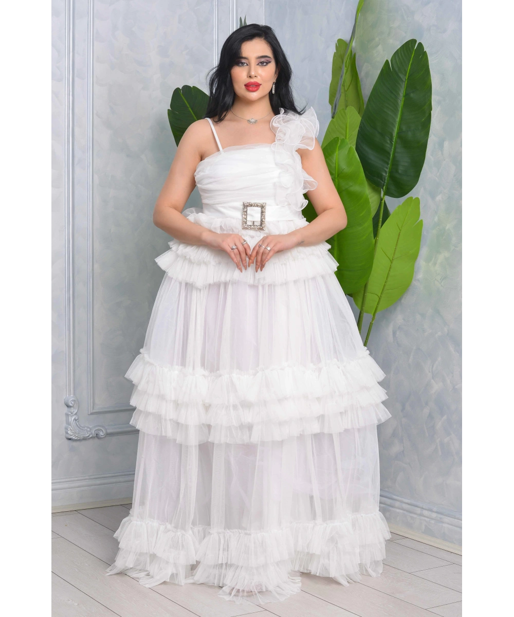 Missine Büzgülü Dekolteli Yırtmaçlı Kemerli Tül Uzun Elbise Abiye