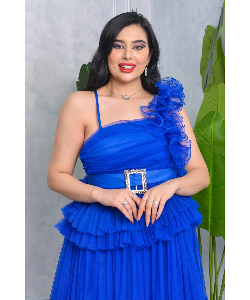 Missine Büzgülü Dekolteli Yırtmaçlı Kemerli Tül Uzun Elbise Abiye