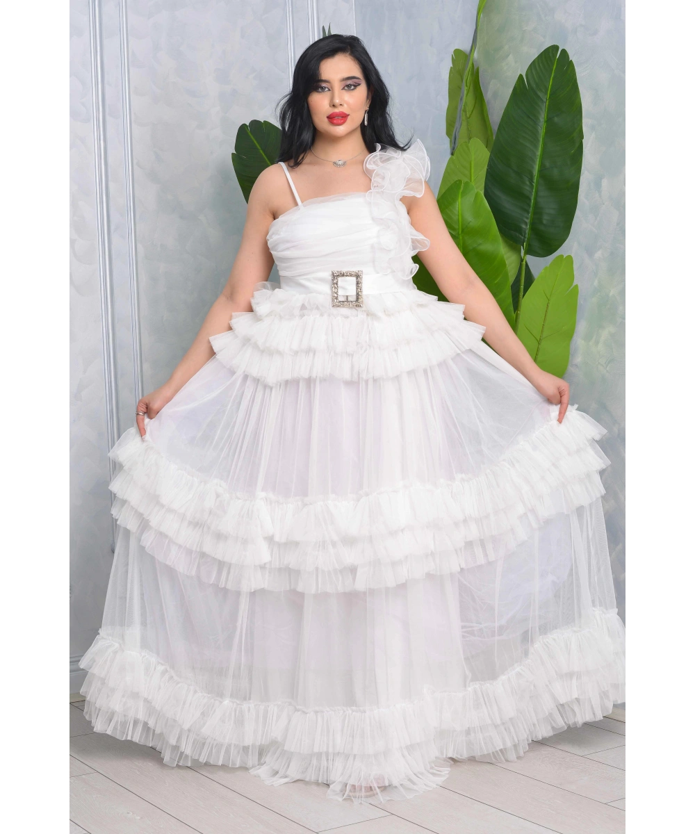 Missine Büzgülü Dekolteli Yırtmaçlı Kemerli Tül Uzun Elbise Abiye