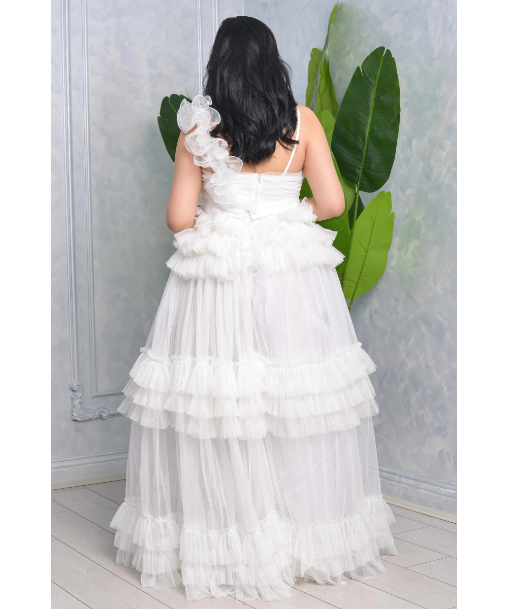 Missine Büzgülü Dekolteli Yırtmaçlı Kemerli Tül Uzun Elbise Abiye