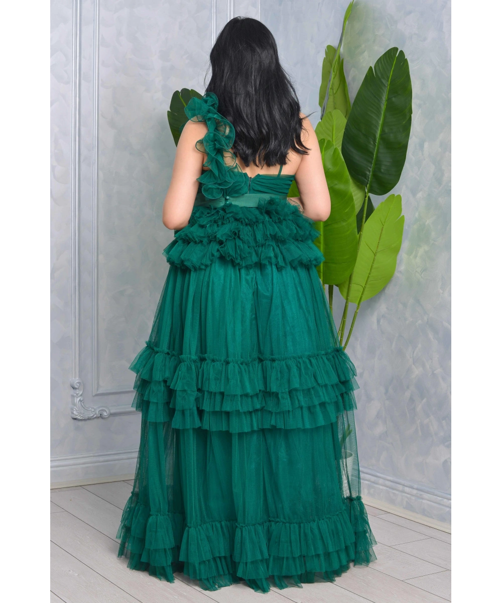 Missine Büzgülü Dekolteli Yırtmaçlı Kemerli Tül Uzun Elbise Abiye