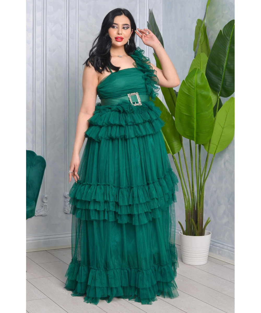 Missine Büzgülü Dekolteli Yırtmaçlı Kemerli Tül Uzun Elbise Abiye