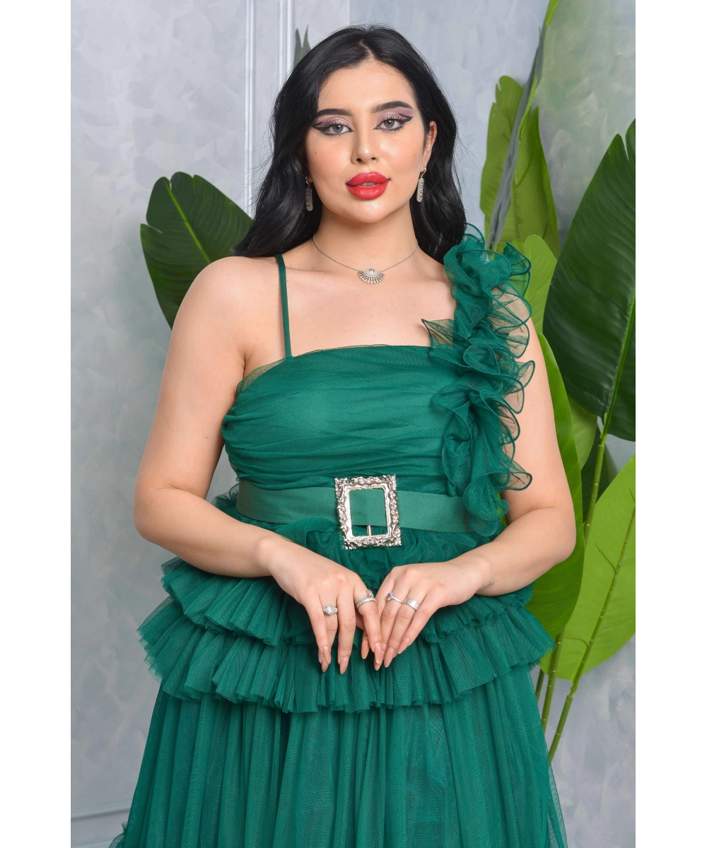 Missine Büzgülü Dekolteli Yırtmaçlı Kemerli Tül Uzun Elbise Abiye