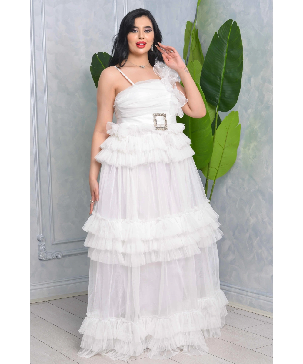 Missine Büzgülü Dekolteli Yırtmaçlı Kemerli Tül Uzun Elbise Abiye