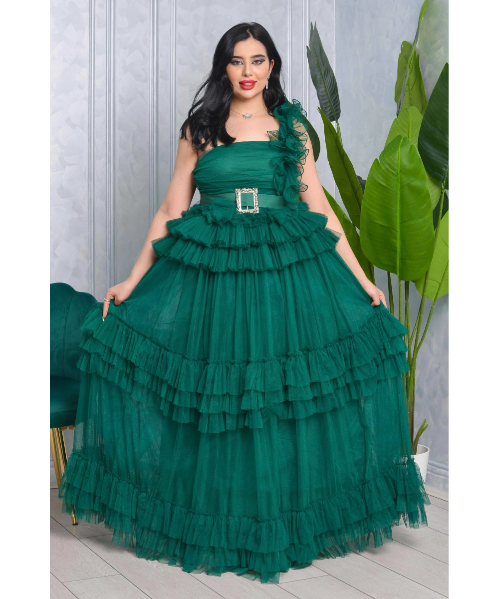 Missine Büzgülü Dekolteli Yırtmaçlı Kemerli Tül Uzun Elbise Abiye