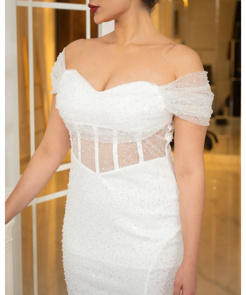 Omzu Açık Dantel Detaylı Işıltılı Uzun Abiye Elbise