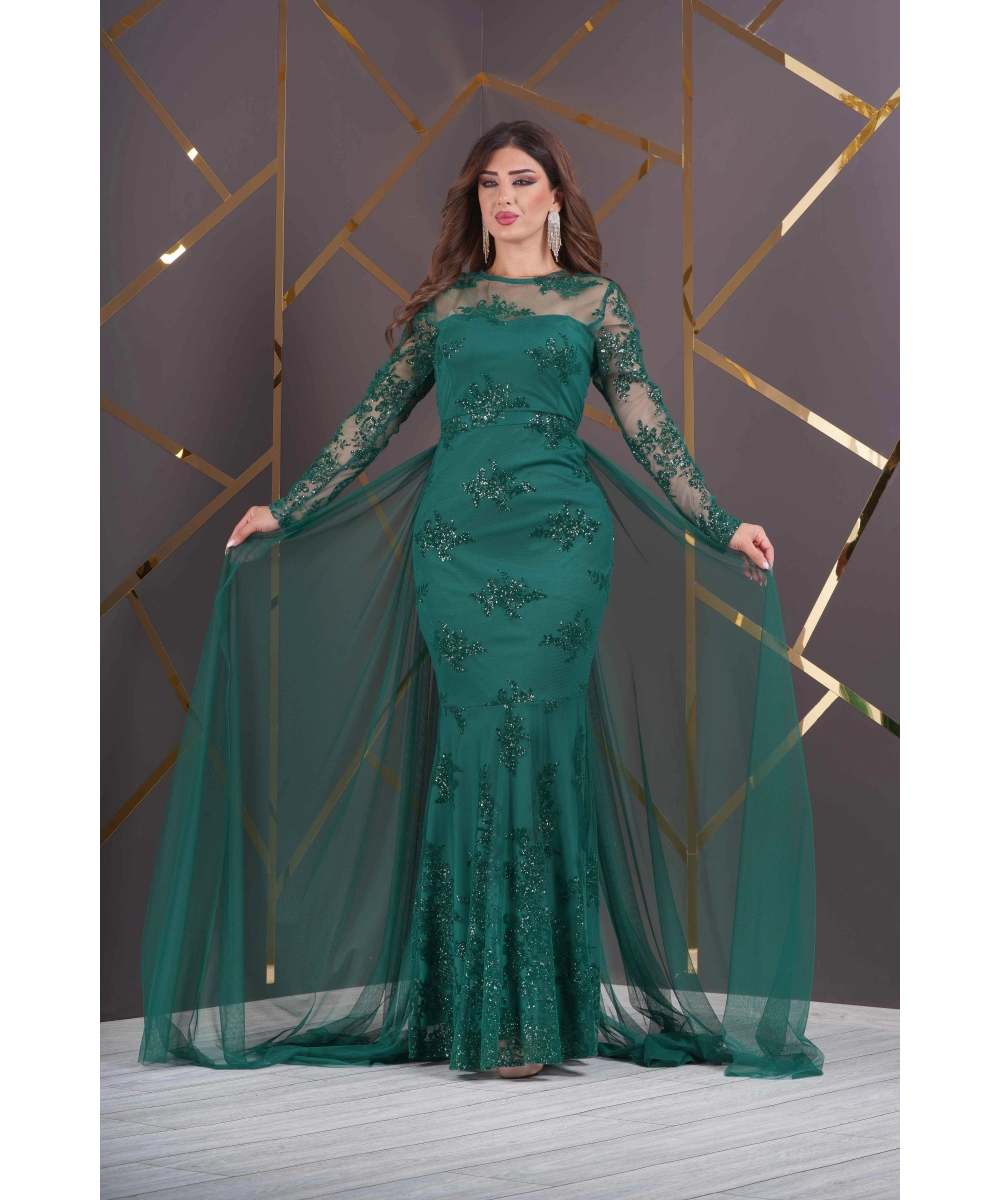 Özel Simli Flok Baskılı Dantel Tasarım Elbise