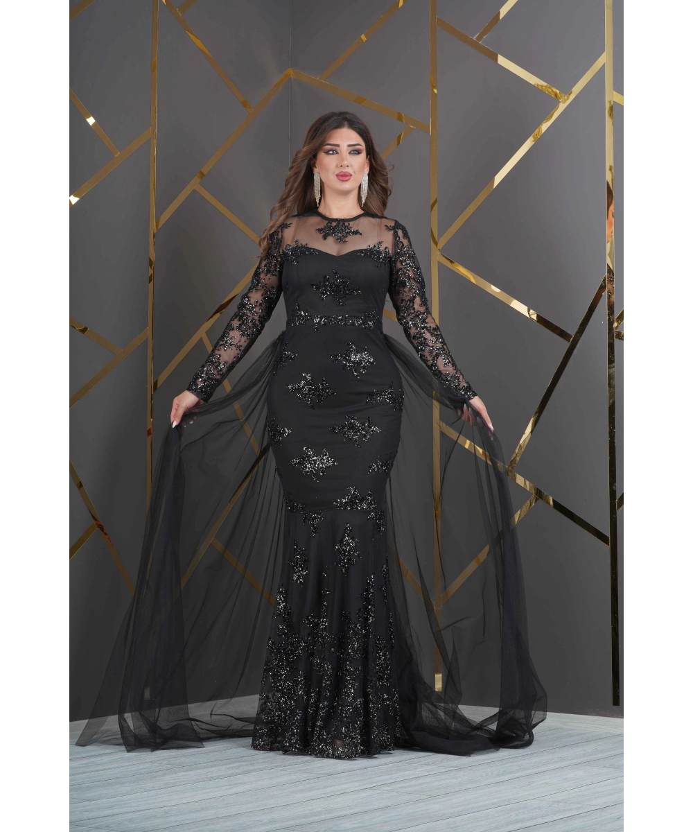 Özel Simli Flok Baskılı Dantel Tasarım Elbise